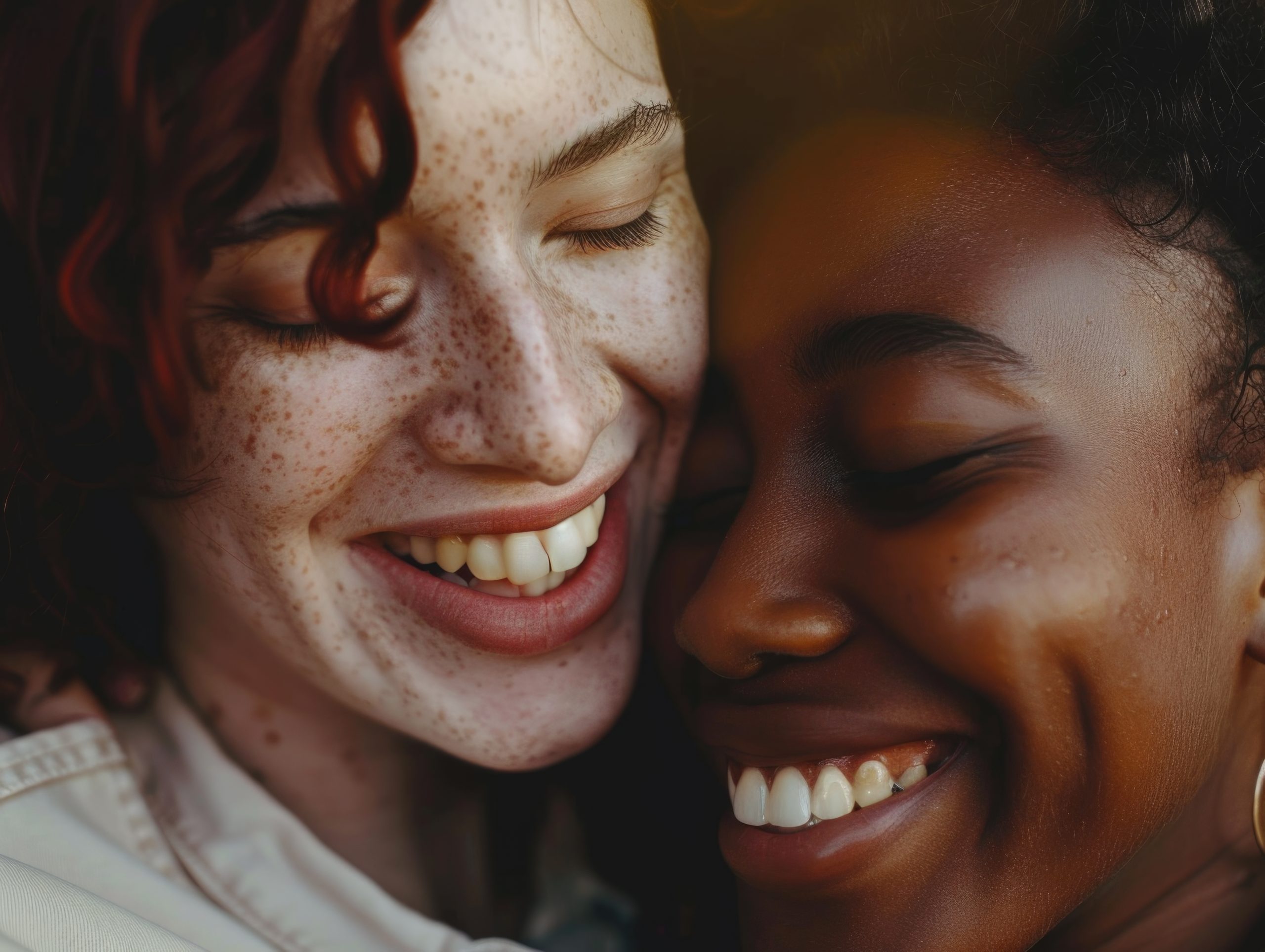 Friends embrace each other in a warm, joyful hug. Diverse group of people enjoying affectionate moment.